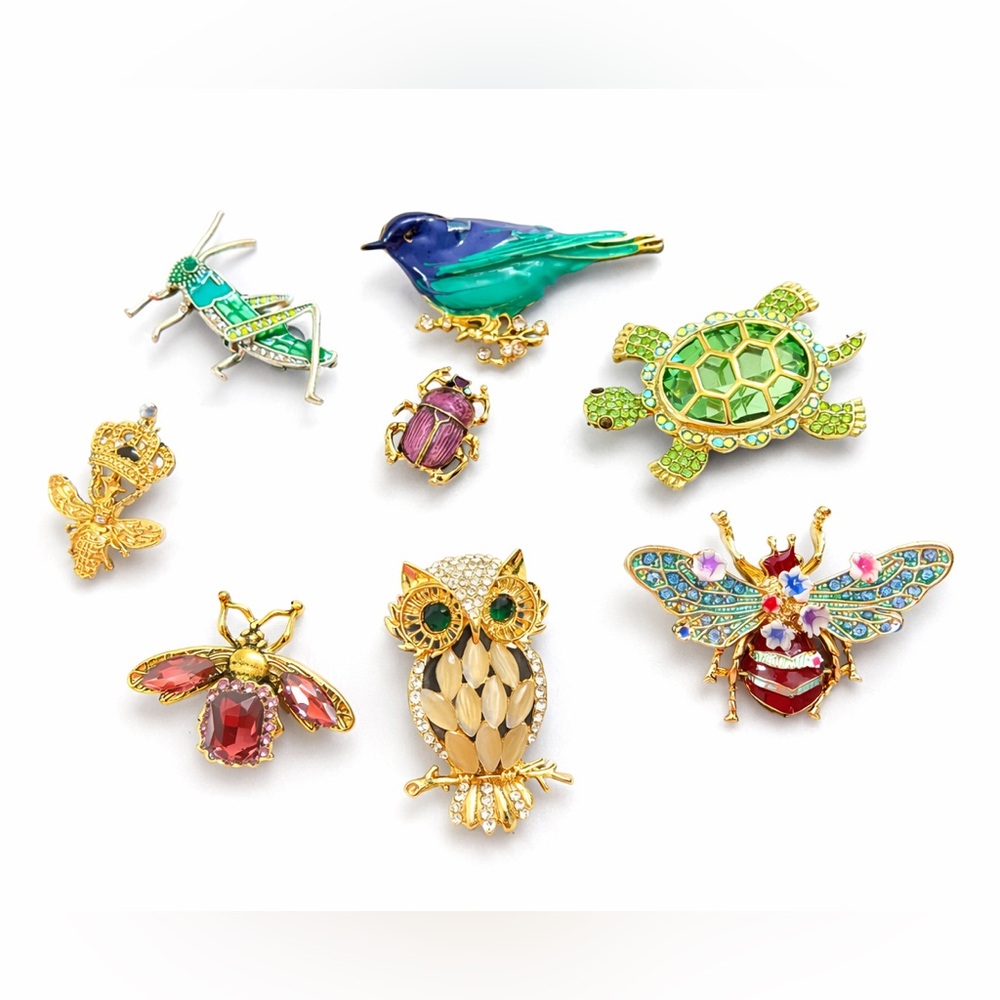 Vintage Style Animal Brooch Pin Lot Enamel Rhinestone Owl Bee Turtle Bird Insect